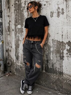 For Cynthia Black Feather Hem Crop Top
